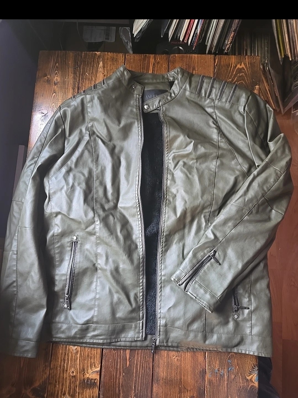 Olive Green Faux Leather Motorcycle Jacket - Women